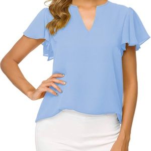 Women’s Casual V Neck Chiffon Blouse Short Sleeve Elegant Shirt Tops -New (S)